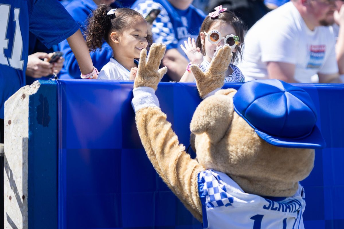Kentucky mascot Scratch high-fives fans before the Kentucky Blue-White Spring football game on Saturday, April 13, 2024, at Kroger Field in Lexington, Kentucky. Photo by Samuel Colmar | Staff