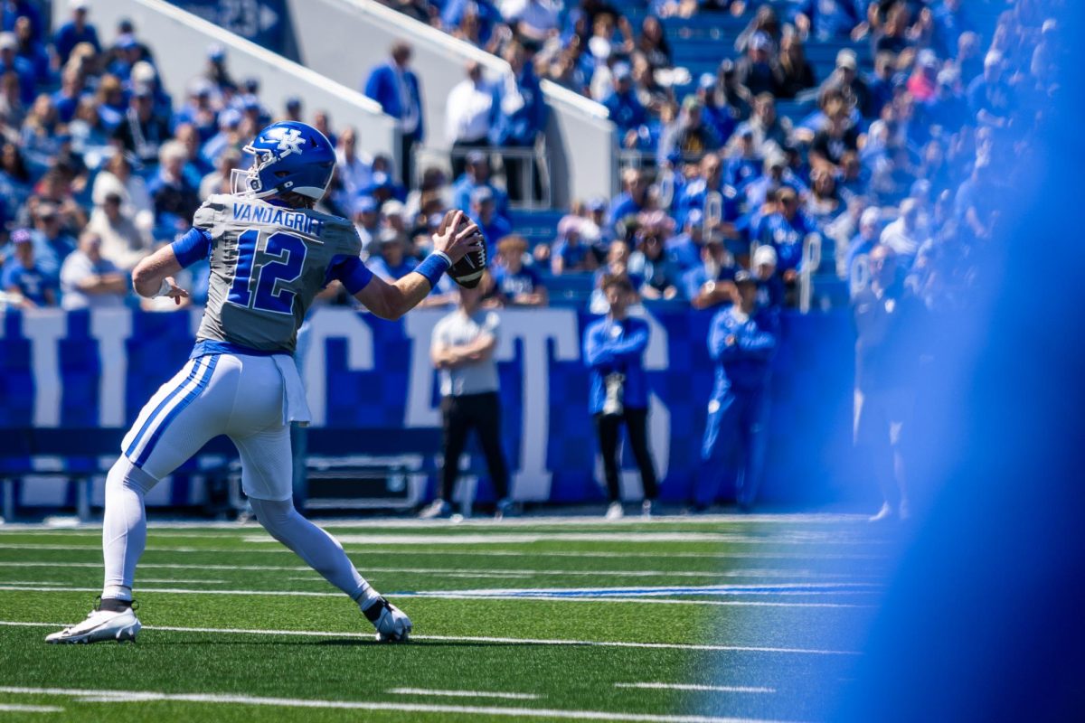 Kentucky quarterback Brock Vandagriff (12) prepares to throw the ball during the Kentucky Blue-White Spring football game on Saturday, April 13, 2024, at Kroger Field in Lexington, Kentucky. Photo by Samuel Colmar | Staff