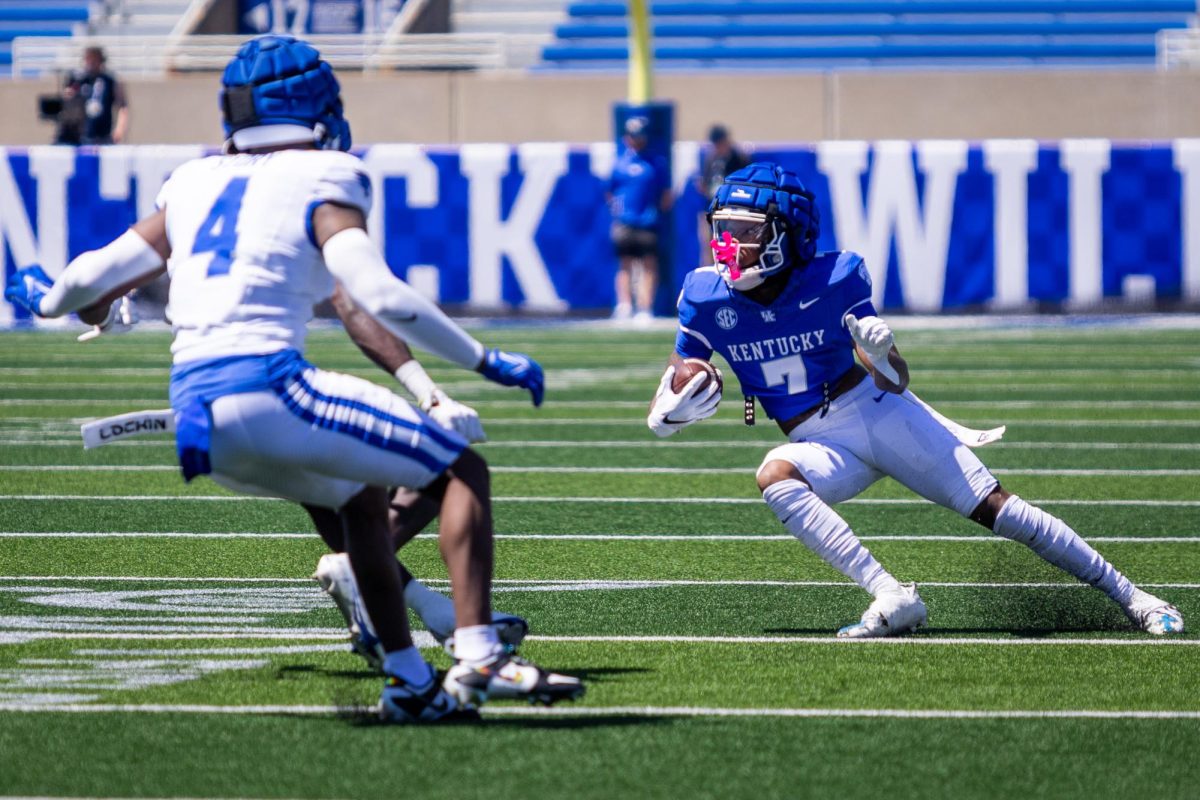 Kentucky wide receiver Barion Brown (7) cuts during the Kentucky Blue-White Spring football game on Saturday, April 13, 2024, at Kroger Field in Lexington, Kentucky. Photo by Samuel Colmar | Staff