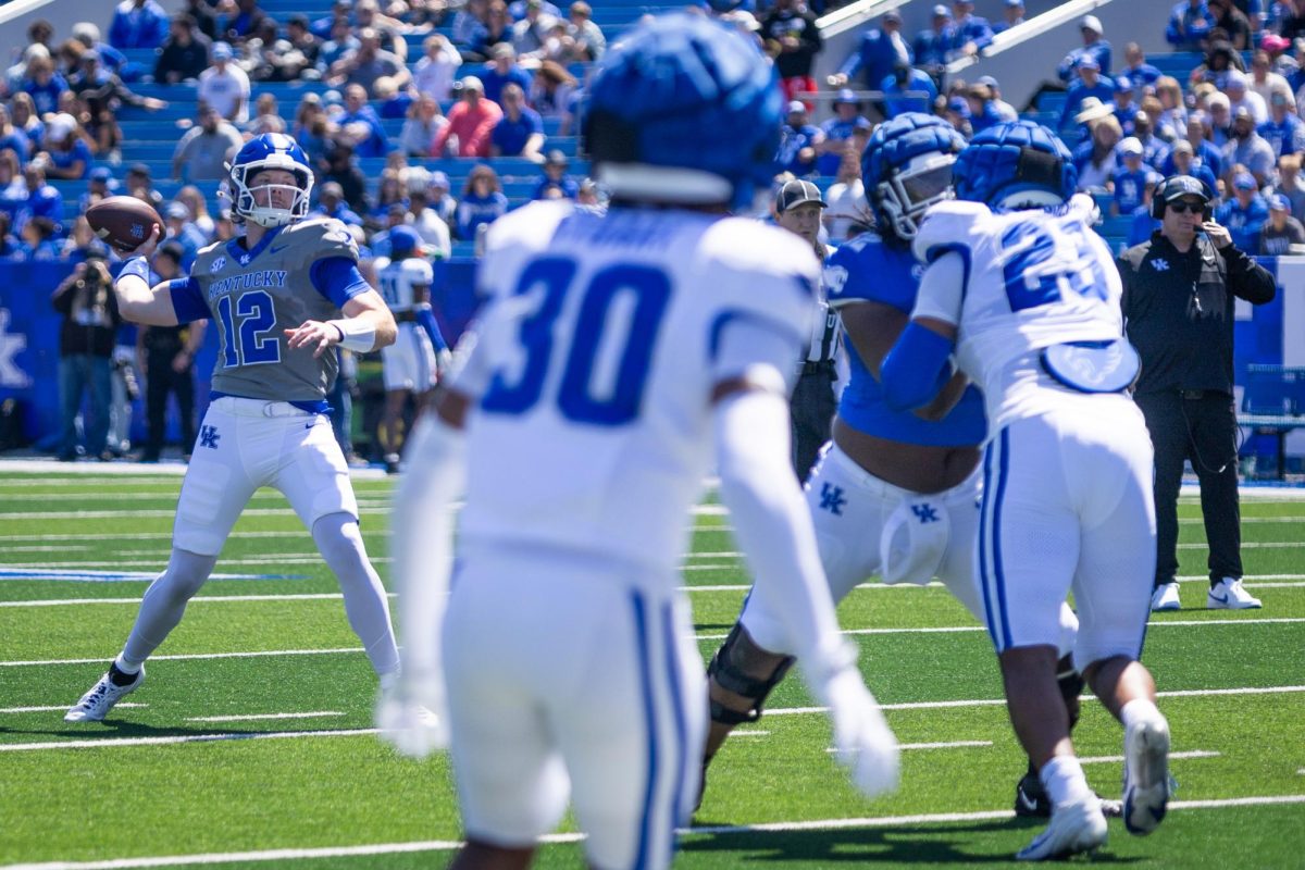 Kentucky quarterback Brock Vandagriff (12) throws the ball during the Kentucky Blue-White Spring football game on Saturday, April 13, 2024, at Kroger Field in Lexington, Kentucky. Photo by Samuel Colmar | Staff