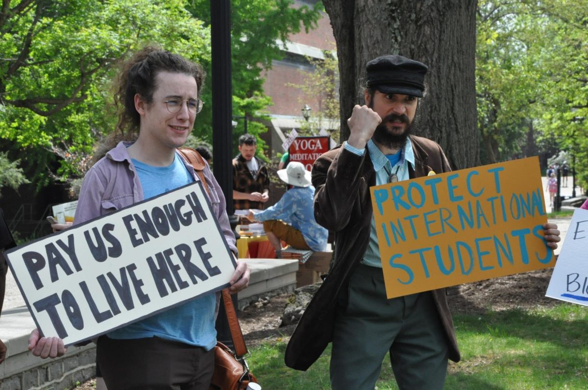 David Schwartz (Left), English graduate student and teaching assistant, and Ian Mooney, philosophy doctoral candidate and teaching assistant attend UCW rally to fight for graduate student worker rights at the University of Kentucky in Lexington, KY on April 17, 2024. Photo by Isabella Sepahban | Staff