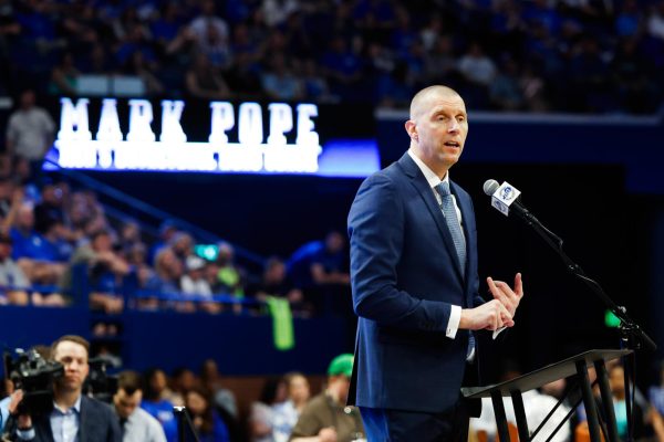 Mark Pope speaks at his introductory press conference as the new head coach of Kentucky men’s basketball on Sunday, April 14, 2024, at Rupp Arena in Lexington, Kentucky. Photo by Abbey Cutrer | Staff