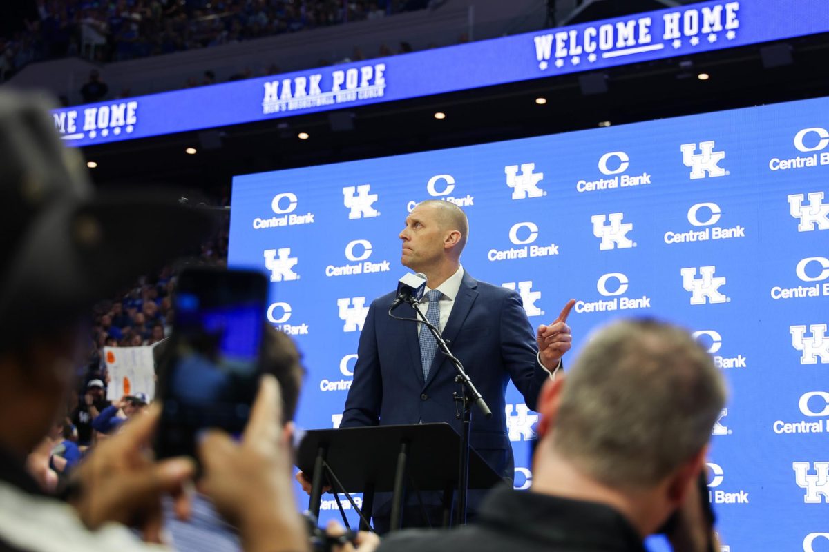 Mark+Pope+speaks+at+his+introductory+press+conference+as+the+new+head+coach+of+Kentucky+men%E2%80%99s+basketball+on+Sunday%2C+April+14%2C+2024%2C+at+Rupp+Arena+in+Lexington%2C+Kentucky.+Photo+by+Abbey+Cutrer+%7C+Staff