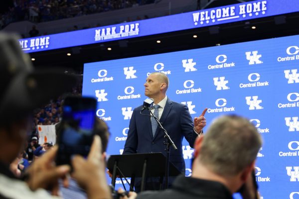 Mark Pope speaks at his introductory press conference as the new head coach of Kentucky men’s basketball on Sunday, April 14, 2024, at Rupp Arena in Lexington, Kentucky. Photo by Abbey Cutrer | Staff