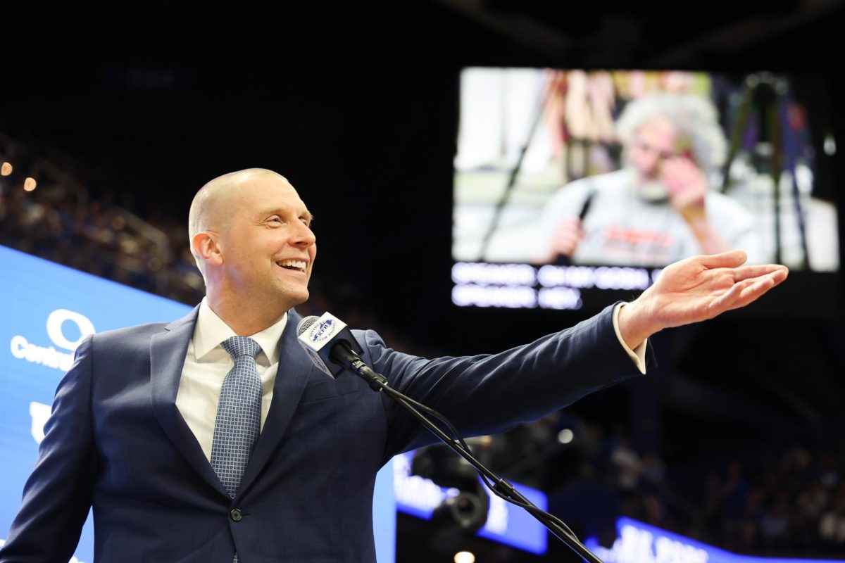 Mark Pope recognizes a reporter during his introductory press conference as the new head coach of Kentucky men’s basketball on Sunday, April 14, 2024, at Rupp Arena in Lexington, Kentucky. Photo by Abbey Cutrer | Staff