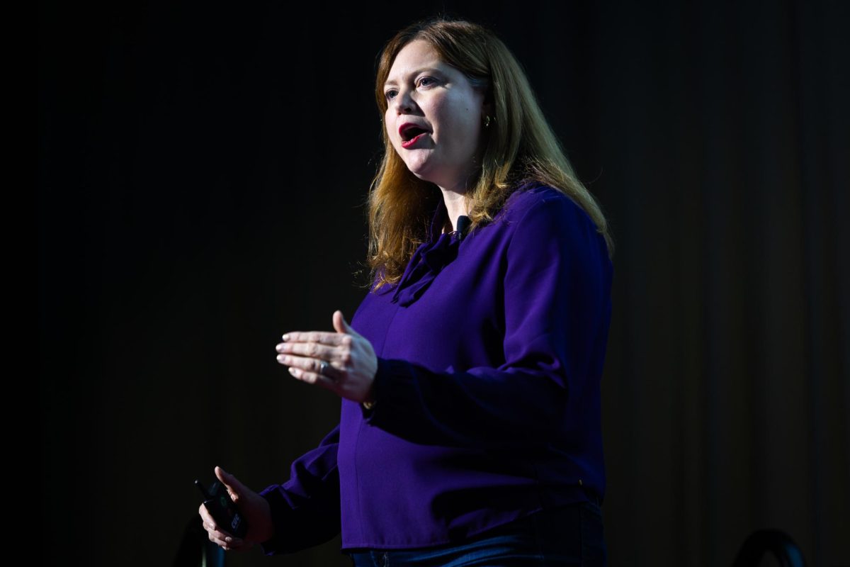 Associate Professor of Clinical Psychology and author Shannon Sauer-Zavala speaks during the TEDxUKY Trailblazing event on Friday, April 12, 2024, at the Gatton Student Center Grand Ballroom in Lexington, Kentucky. Photo by Samuel Colmar | Staff