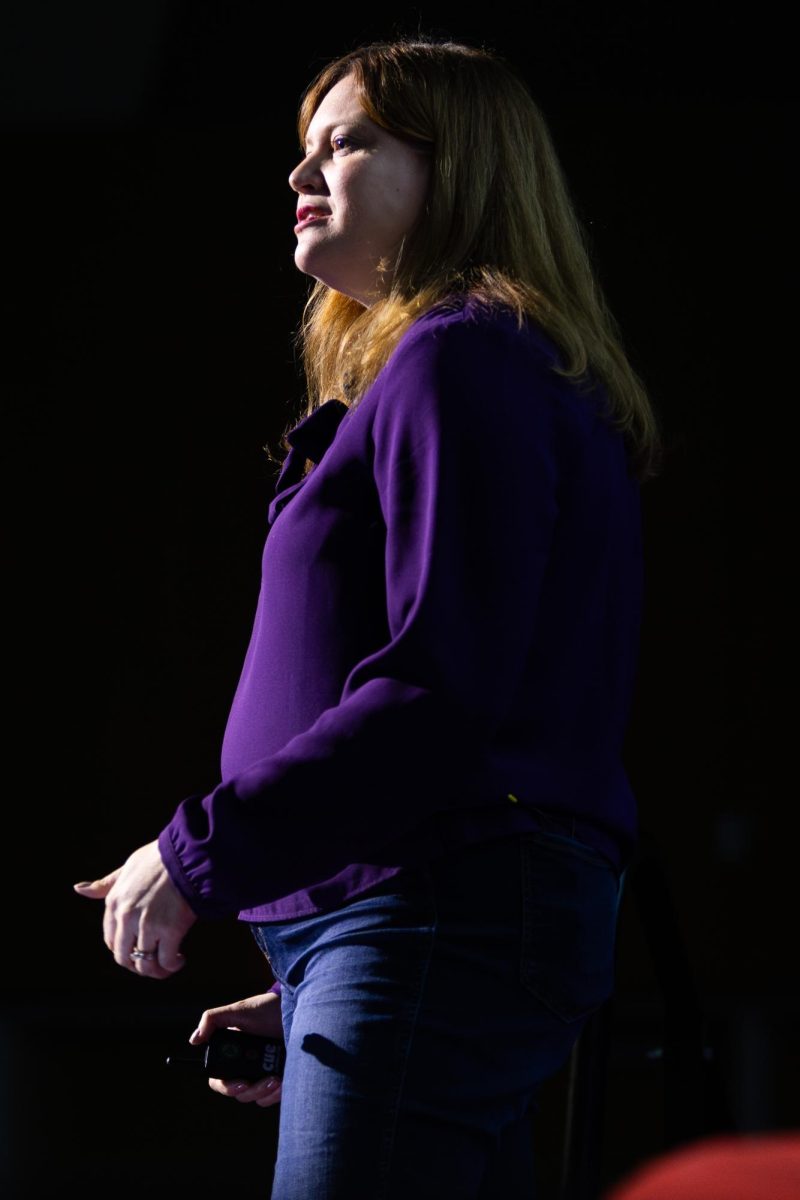 Associate Professor of Clinical Psychology and author Shannon Sauer-Zavala speaks during the TEDxUKY Trailblazing event on Friday, April 12, 2024, at the Gatton Student Center Grand Ballroom in Lexington, Kentucky. Photo by Samuel Colmar | Staff