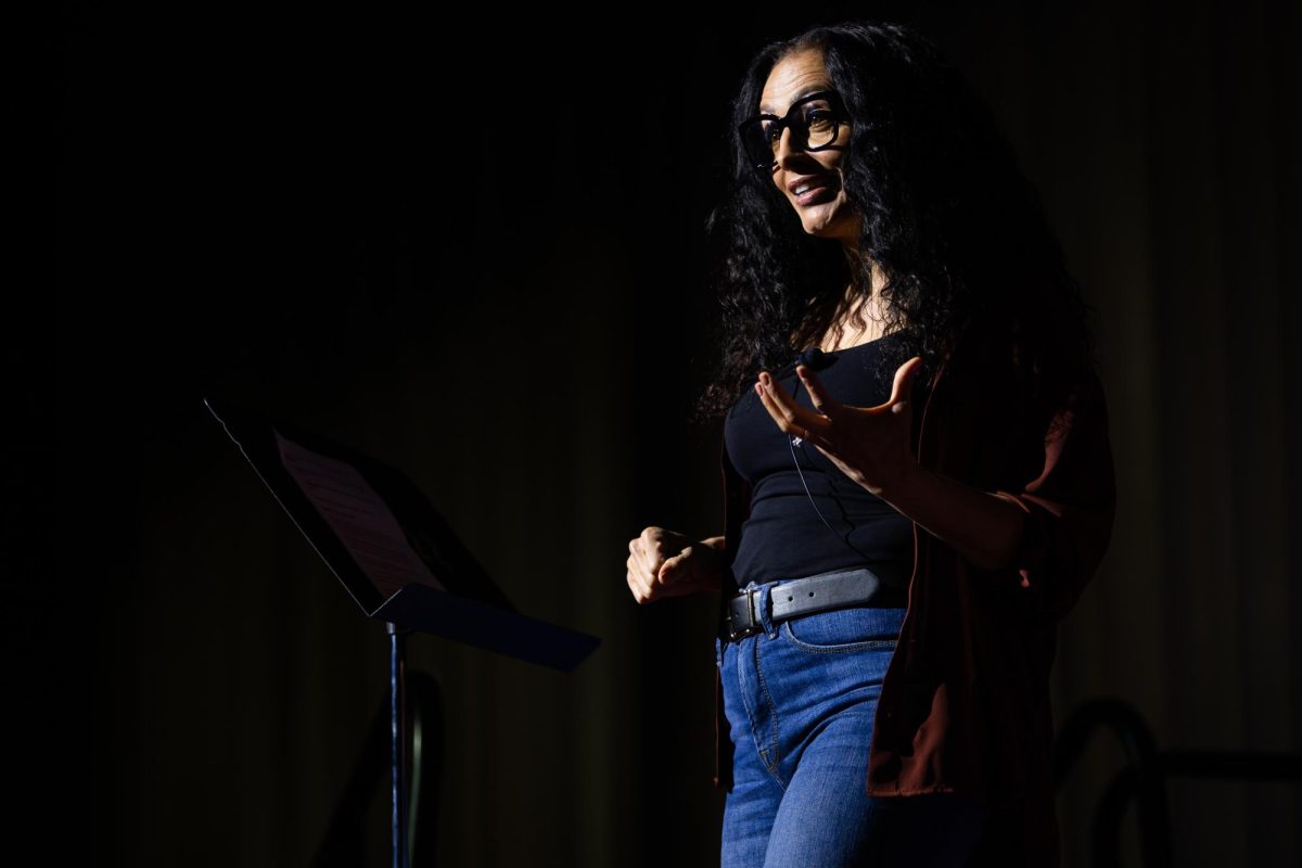 Comedian and life coach Shereen Thor speaks during the TEDxUKY Trailblazing event on Friday, April 12, 2024, at the Gatton Student Center Grand Ballroom in Lexington, Kentucky. Photo by Samuel Colmar | Staff