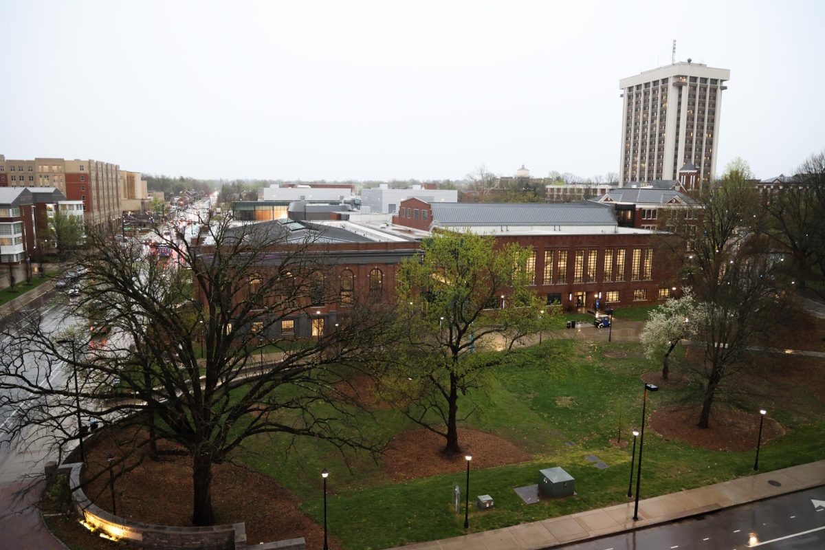 Rain pours on campus on Tuesday, April 2, 2024 at the University of Kentucky in Lexington, Kentucky. Photo by Abbey Cutrer | Staff