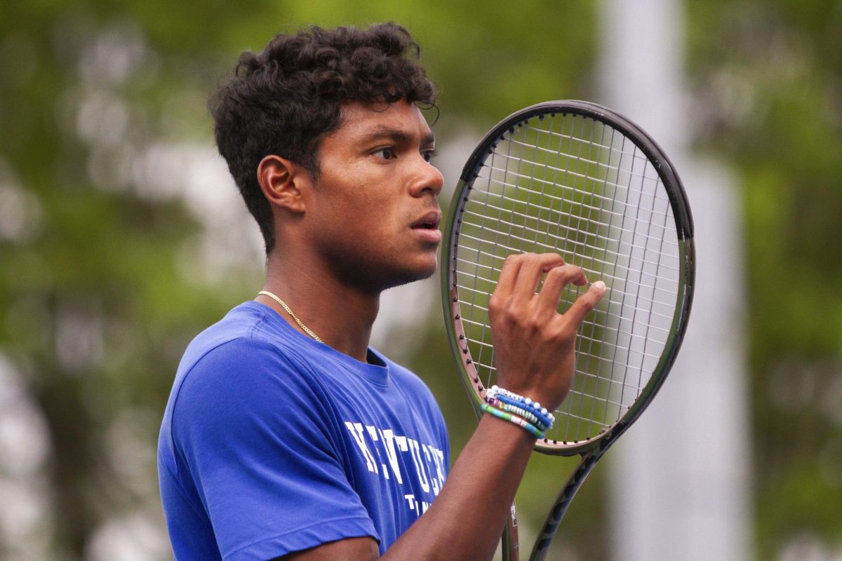 Sophomore Jaden Weekes warms up at the Hillary J. Boone Tennis Facility on Friday, May 3, 2024, in Lexington, Kentucky.