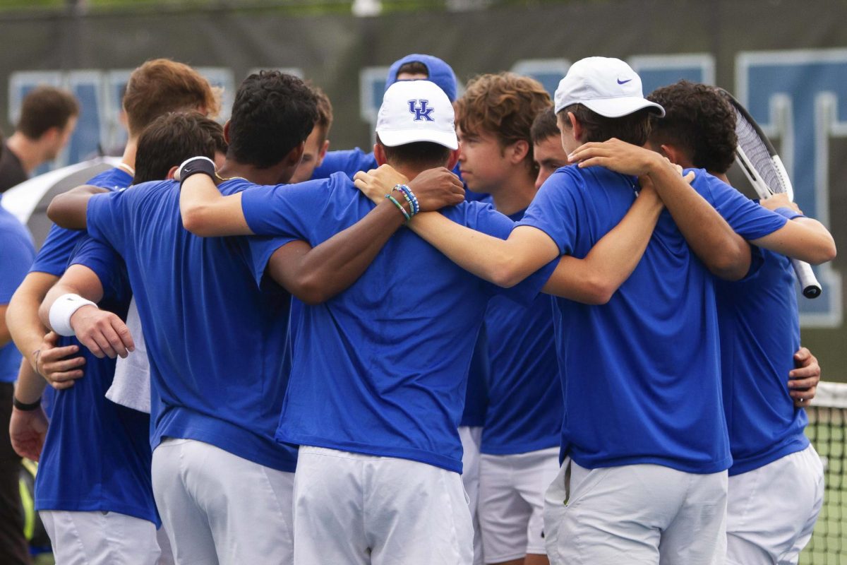 Members of the Kentucky mens tennis team celebrate during the No. 5 Kentucky vs. Illinois mens tennis match on Saturday, May 4, 2024, at the Hilary J. Boone Tennis Complex in Lexington, Kentucky. Kentucky won 4-3 Photo by Brady Saylor | Staff