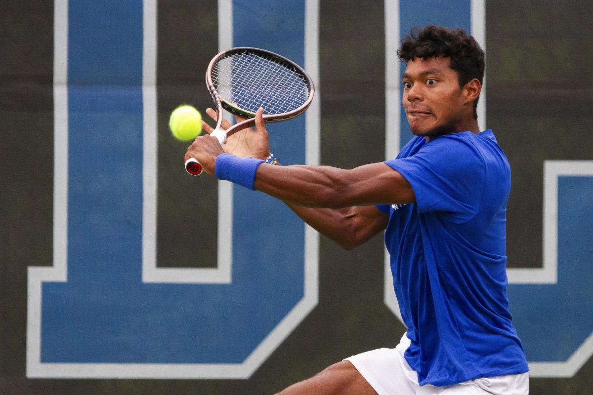 Sophomore Jaden Weekes returns a ball to DePauls Verma at the Hillary J. Boone Tennis Facility on Friday, May 3, 2024, in Lexington, Kentucky. Jaden wins his first set 6-3 while the second remains unfinished at 3-3.
