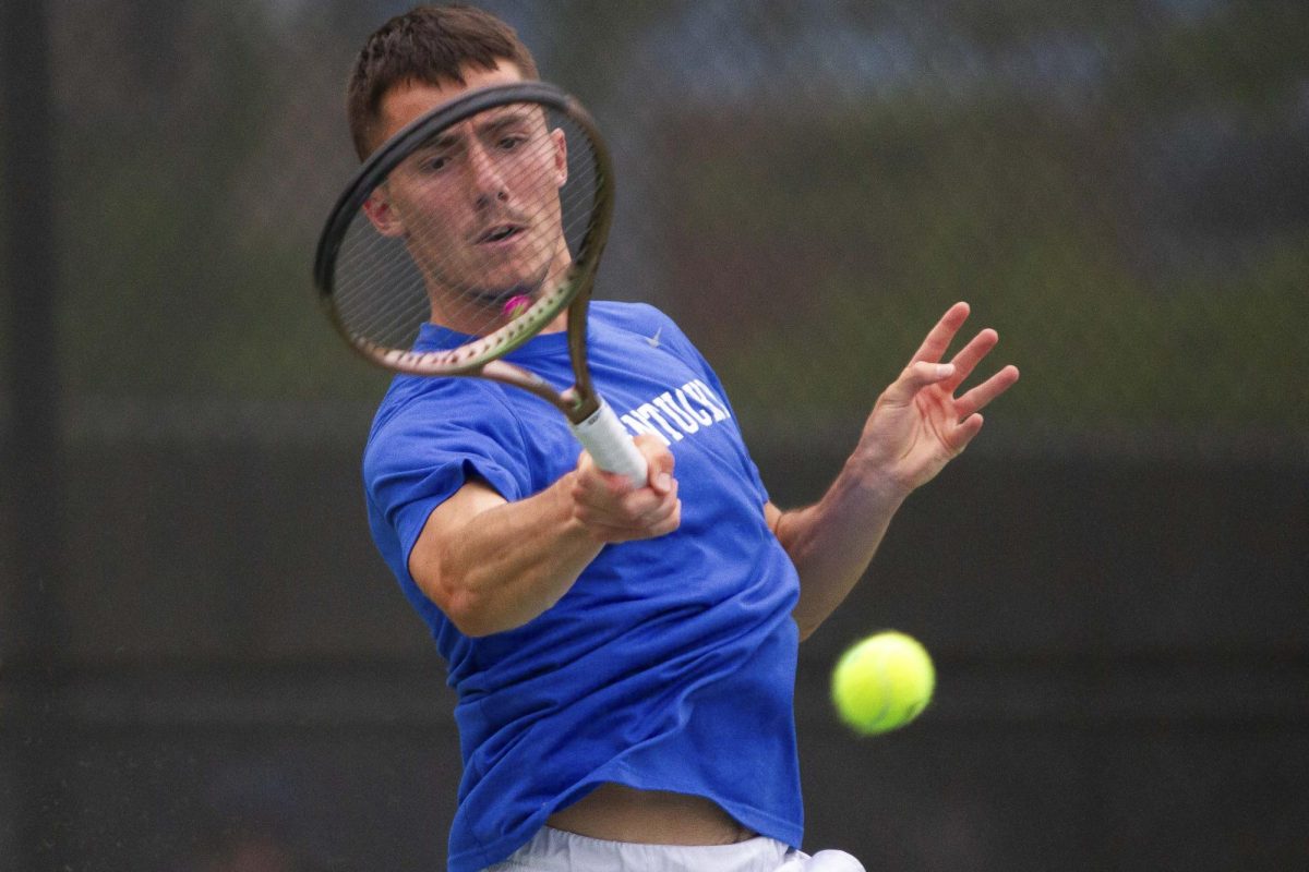 Charlelie Cosnet returns a ball to the DePauls Iaquinto at the Hillary J. Boone Tennis Facility on Friday, May 3, 2024, in Lexington, Kentucky. He wins his two sets 6-0 and 6-2.
