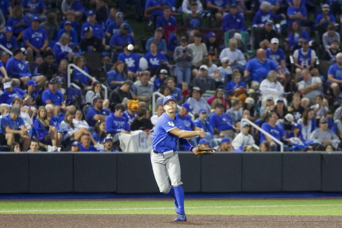 Third baseman Mitchell Daly throws to first base after fielding a ground ball. Kentucky beat Oregon State 3-2 to win the Lexington Super Regional and advance to the 2024 College World Series on Sunday, June 9, 2024, at Kentucky Proud Park in Lexington, Kentucky. Photo by Cole Parke | Staff