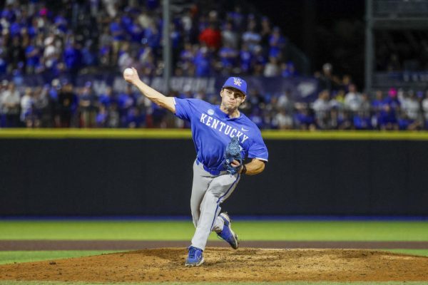 Kentucky Pitcher Robert Hogan delivers a pitch to home plate. Kentucky beat Oregon State 3-2 to win the Lexington Super Regional and advance to the 2024 College World Series on Sunday, June 9, 2024, at Kentucky Proud Park in Lexington, Kentucky. Photo by Cole Parke | Staff