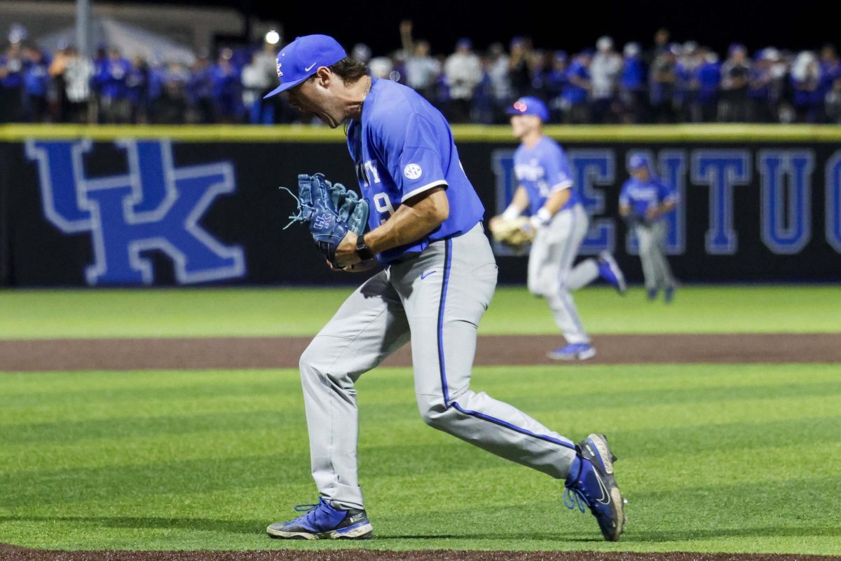 Kentucky Pitcher Robert Hogan celebrates after striking out a batter ending the inning. Kentucky beat Oregon State 3-2 to win the Lexington Super Regional and advance to the 2024 College World Series on Monday, June 10, 2024, at Kentucky Proud Park in Lexington, Kentucky. Photo by Cole Parke | Staff