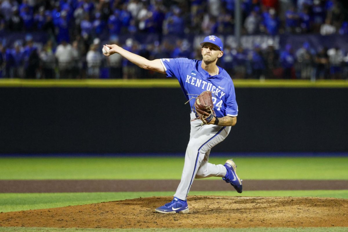 Kentucky Pitcher Ryan Hagenow delivers a pitch to home plate. Kentucky beat Oregon State 3-2 to win the Lexington Super Regional and advance to the 2024 College World Series on Monday, June 10, 2024, at Kentucky Proud Park in Lexington, Kentucky. Photo by Cole Parke | Staff