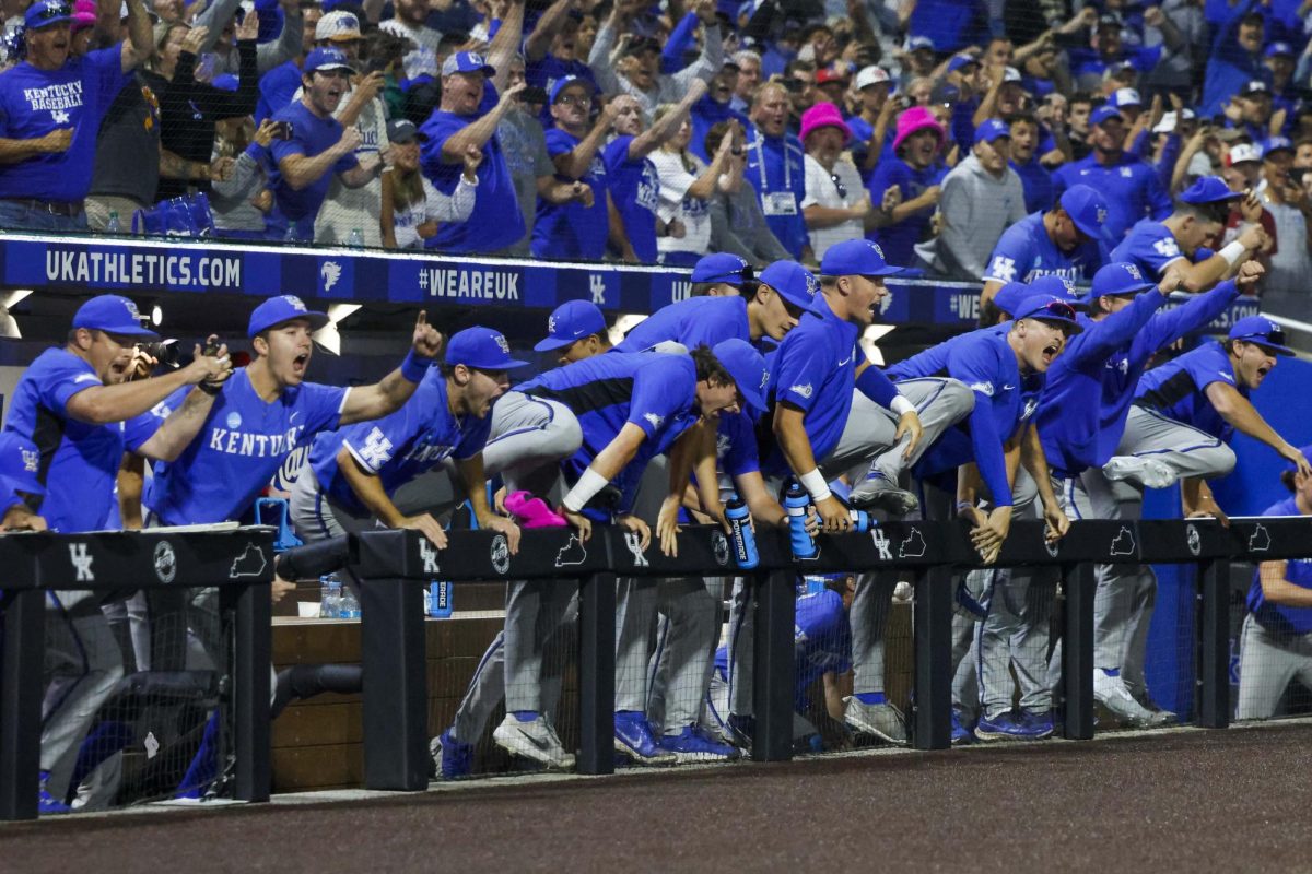 Kentucky’s bench clears after the winning strikeout was made. Kentucky beat Oregon State 3-2 to win the Lexington Super Regional and advance to the 2024 College World Series on Monday, June 10, 2024, at Kentucky Proud Park in Lexington, Kentucky. Photo by Cole Parke | Staff
