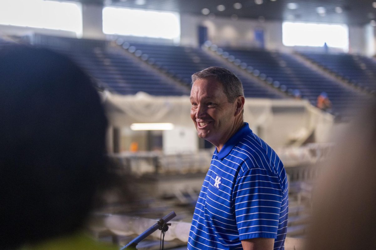 Mitch Barnhart smiles after making a joke while speaking to media about renovations on Friday, July 12, 2024, at Memorial Coliseum in Lexington, Kentucky. Photo by Matthew Mueller | Photo Editor 