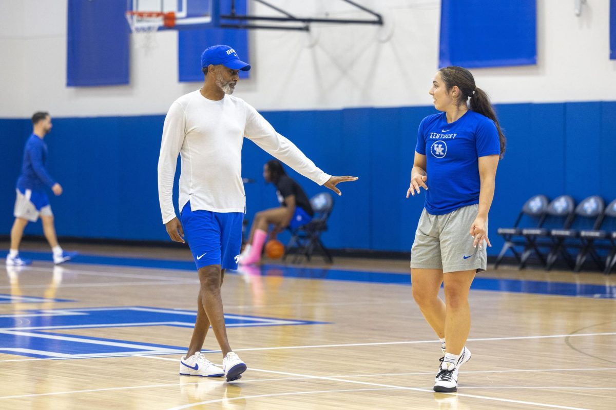 Kenny Brooks coaches Georgia Amoore during the Kentucky Women’s Basketball media day on Tuesday, July 30, 2024, at Joe Craft Center  in Lexington, Kentucky. Photo by Matthew Mueller | Photo Editor 