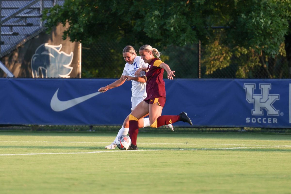 Kentucky defender Kathrine Truitt defends the goal during the Kentucky vs. Central Michigan women’s soccer game on Thursday, Aug. 15, 2024, at Wendell and Vickie Bell Soccer Complex in Lexington, Kentucky. Kentucky won 2-0. Photo by Sydney Yonker | Staff