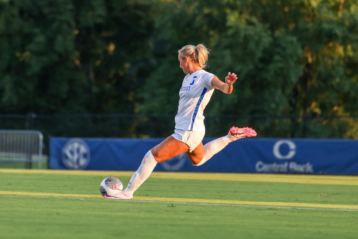 Kentucky defense Michelle Moskau kicks the ball during the Kentucky vs. Central Michigan women’s soccer game on Thursday, Aug. 15, 2024, at Wendell and Vickie Bell Soccer Complex in Lexington, Kentucky. Kentucky won 2-0. Photo by Sydney Yonker | Staff
