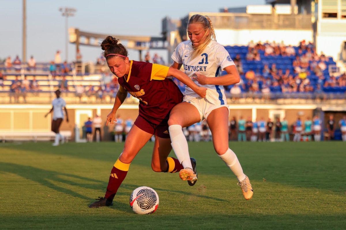 Kentucky forward Alexis Tylenda shocked at a no call during the Kentucky vs. Central Michigan women’s soccer game on Thursday, Aug. 15, 2024, at Wendell and Vickie Bell Soccer Complex in Lexington, Kentucky. Kentucky won 2-0. Photo by Sydney Yonker | Staff
