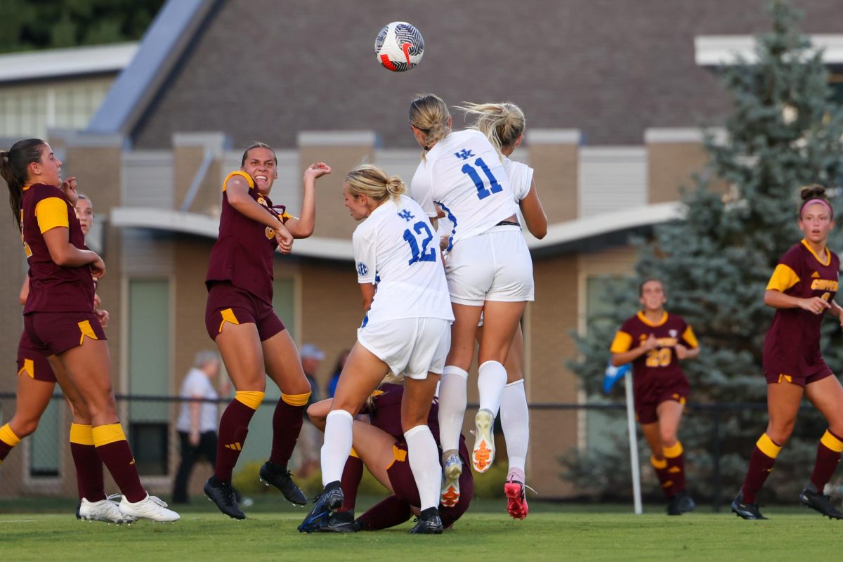 Kentucky defender Kathrine Truitt heads the ball during the Kentucky vs. Central Michigan women’s soccer game on Thursday, Aug. 15, 2024, at Wendell and Vickie Bell Soccer Complex in Lexington, Kentucky. Kentucky won 2-0. Photo by Sydney Yonker | Staff
