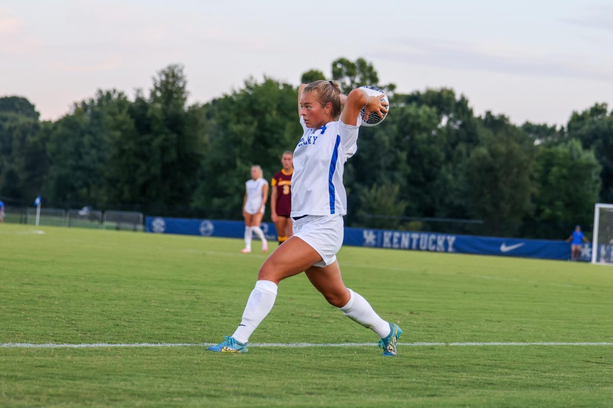 Kentucky defender Grace Phillpotts throws in the ball during the Kentucky vs. Central Michigan women’s soccer game on Thursday, Aug. 15, 2024, at Wendell and Vickie Bell Soccer Complex in Lexington, Kentucky. Kentucky won 2-0. Photo by Sydney Yonker | Staff
