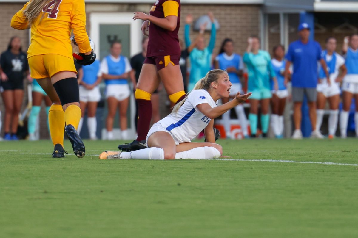 Kentucky forward Alexis Tylenda shocked at a no call during the Kentucky vs. Central Michigan women’s soccer game on Thursday, Aug. 15, 2024, at Wendell and Vickie Bell Soccer Complex in Lexington, Kentucky. Kentucky won 2-0. Photo by Sydney Yonker | Staff
