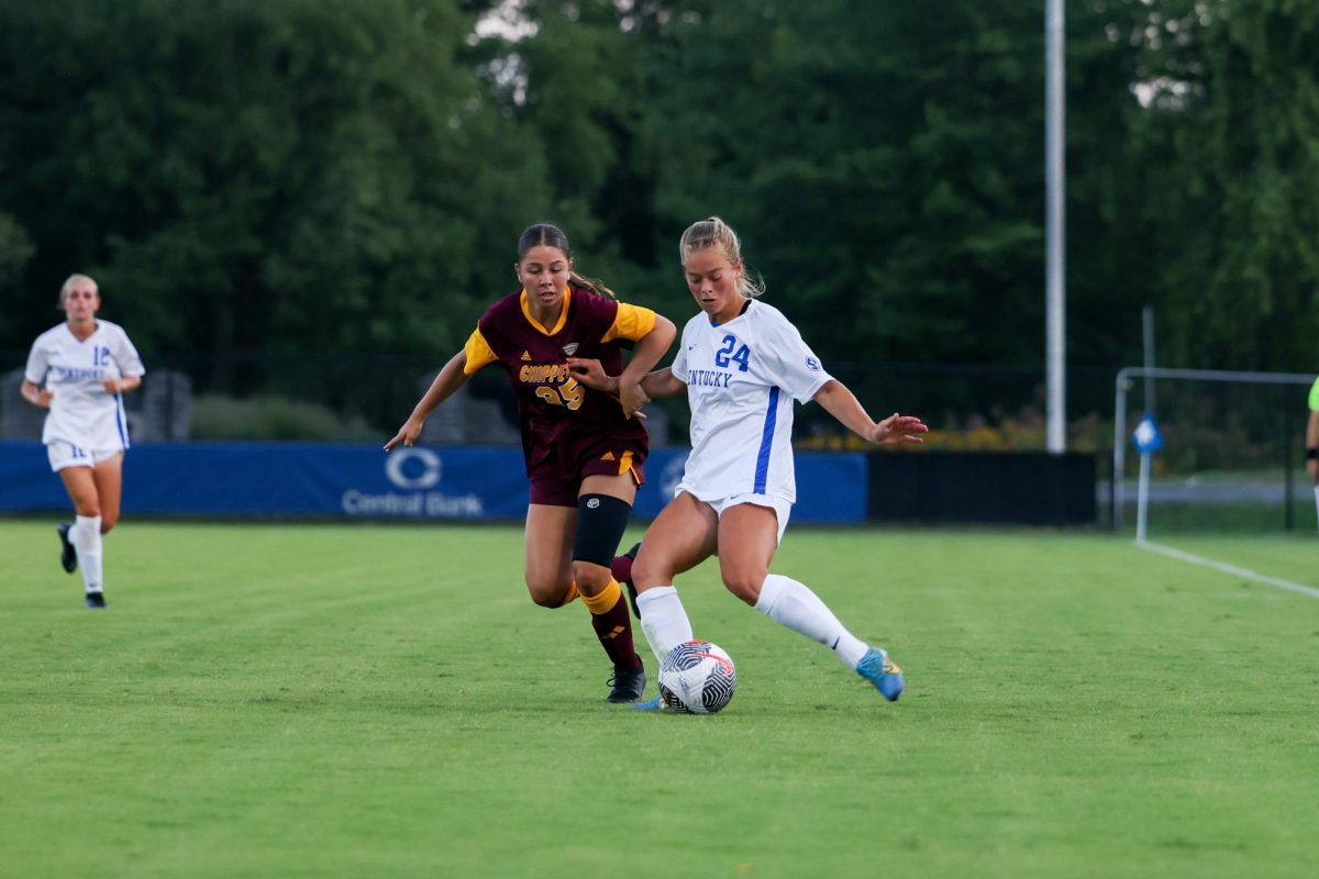 Kentucky defender Grace Phillpotts kicks the ball during the Kentucky vs. Central Michigan women’s soccer game on Thursday, Aug. 15, 2024, at Wendell and Vickie Bell Soccer Complex in Lexington, Kentucky. Kentucky won 2-0. Photo by Sydney Yonker | Staff
