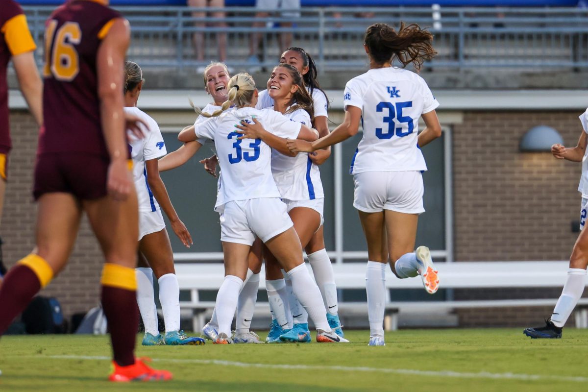 Kentucky celebrates a goal during the Kentucky vs. Central Michigan women’s soccer game on Thursday, Aug. 15, 2024, at Wendell and Vickie Bell Soccer Complex in Lexington, Kentucky. Kentucky won 2-0. Photo by Sydney Yonker | Staff
