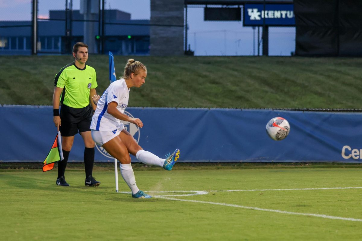 Kentucky defender Grace Phillpotts takes a corner kick during the Kentucky vs. Central Michigan women’s soccer game on Thursday, Aug. 15, 2024, at Wendell and Vickie Bell Soccer Complex in Lexington, Kentucky. Kentucky won 2-0. Photo by Sydney Yonker | Staff
