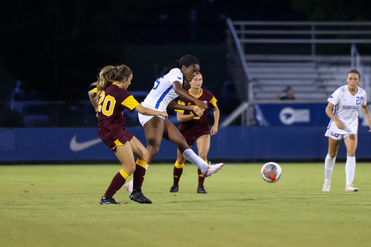 Kentucky forward Makala Woods kicks the ball during the Kentucky vs. Central Michigan women’s soccer game on Thursday, Aug. 15, 2024, at Wendell and Vickie Bell Soccer Complex in Lexington, Kentucky. Kentucky won 2-0. Photo by Sydney Yonker | Staff
