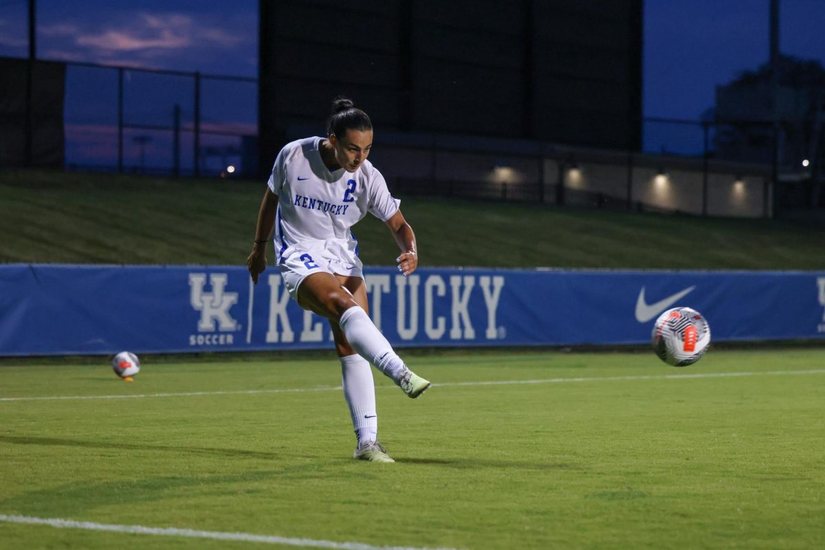 Kentucky forward Maddie Kemp kicks the ball during the Kentucky vs. Central Michigan women’s soccer game on Thursday, Aug. 15, 2024, at Wendell and Vickie Bell Soccer Complex in Lexington, Kentucky. Kentucky won 2-0. Photo by Sydney Yonker | Staff
