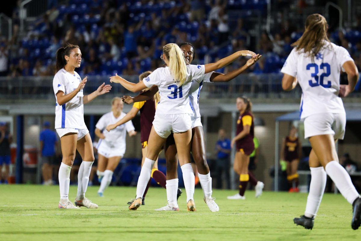 Kentucky forwards Alexis Tylenda and Makala Woods celebrate a goal during the Kentucky vs. Central Michigan women’s soccer game on Thursday, Aug. 15, 2024, at Wendell and Vickie Bell Soccer Complex in Lexington, Kentucky. Kentucky won 2-0. Photo by Sydney Yonker | Staff
