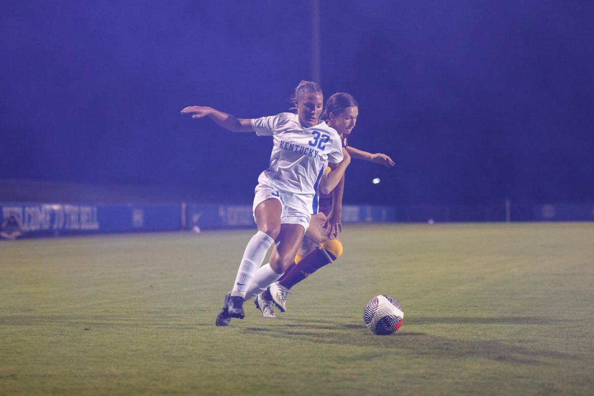 Kentucky defender Grace Hoytink fights for the ball during the Kentucky vs. Central Michigan women’s soccer game on Thursday, Aug. 15, 2024, at Wendell and Vickie Bell Soccer Complex in Lexington, Kentucky. Kentucky won 2-0. Photo by Sydney Yonker | Staff
