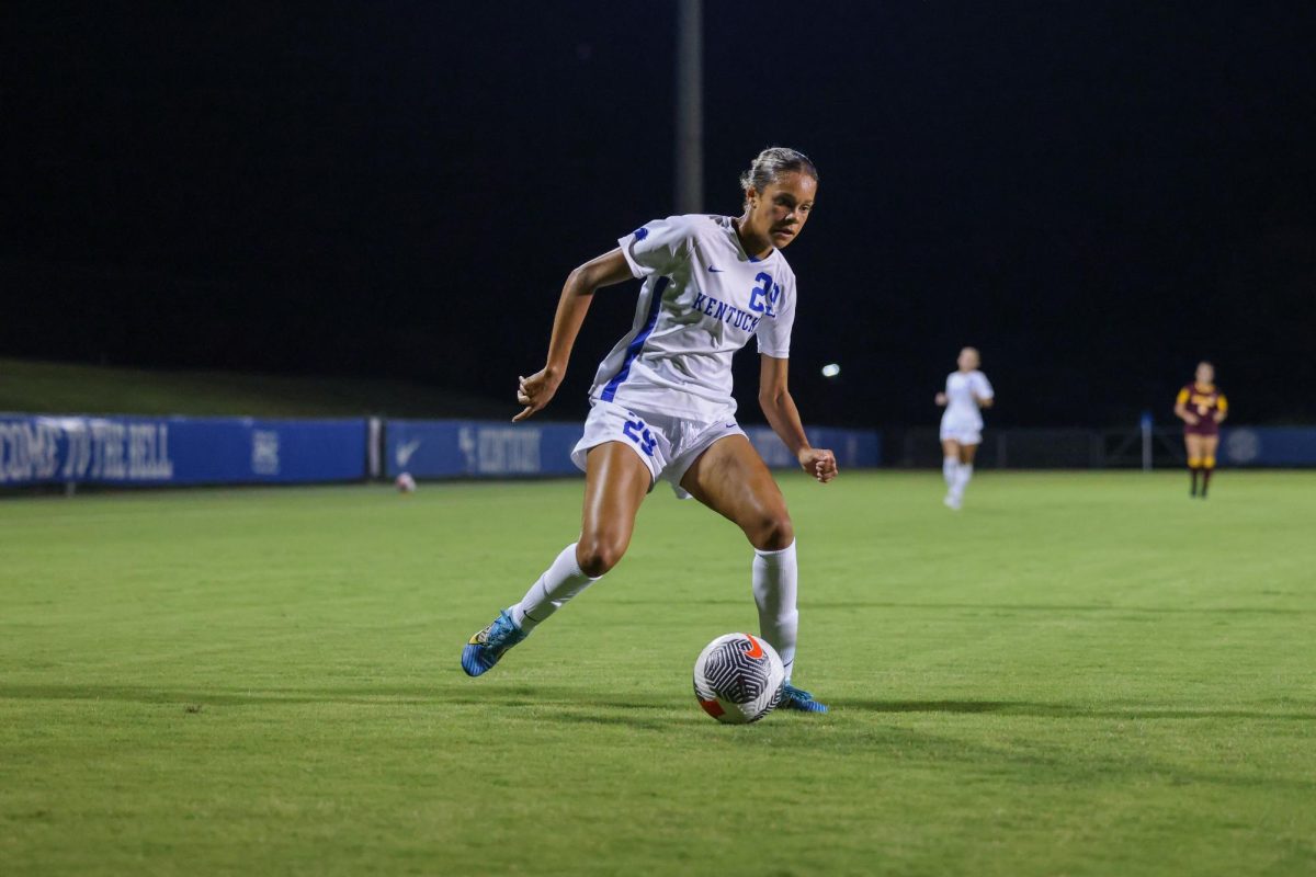 Kentucky midfielder Sydni Fink dribbles the ball during the Kentucky vs. Central Michigan women’s soccer game on Thursday, Aug. 15, 2024, at Wendell and Vickie Bell Soccer Complex in Lexington, Kentucky. Kentucky won 2-0. Photo by Sydney Yonker | Staff
