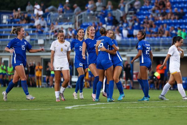 Kentucky celebrates a goal during the Kentucky vs. Morehead State women’s soccer game on Sunday, Aug. 18, 2024, at Wendell and Vickie Bell Soccer Complex in Lexington, Kentucky. Kentucky won 2-0. Photo by Sydney Yonker | Staff