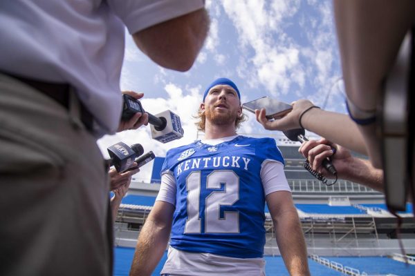 Quarterback Brock Vandagriff speaks to the media about the upcoming Kentucky football season during Kentucky Football’s media day on Friday, Aug. 2, 2024, at Kroger Field in Lexington, Kentucky. Photo by Matthew Mueller | Photo Editor