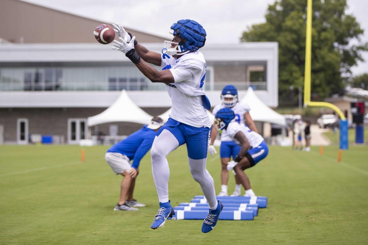 Wide Receiver Dane Key catches a pass during Kentucky Football’s media day on Saturday, Aug. 3, 2024, at Kroger Field in Lexington, Kentucky. Photo by Matthew Mueller | Photo Editor