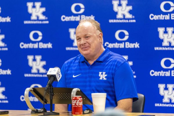 Head Coach Mark Stoops speaks with members of the media about Kentucky’s upcoming season during Kentucky Football’s media day on Friday, Aug. 2, 2024, at Kroger Field in Lexington, Kentucky. Photo by Matthew Mueller | Photo Editor