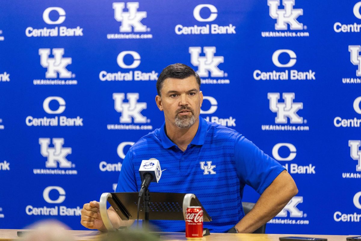 Defensive Coordinator Brad White speaks with members of the media about Kentucky’s upcoming season during Kentucky Football’s media day on Friday, Aug. 2, 2024, at Kroger Field in Lexington, Kentucky. Photo by Matthew Mueller | Photo Editor