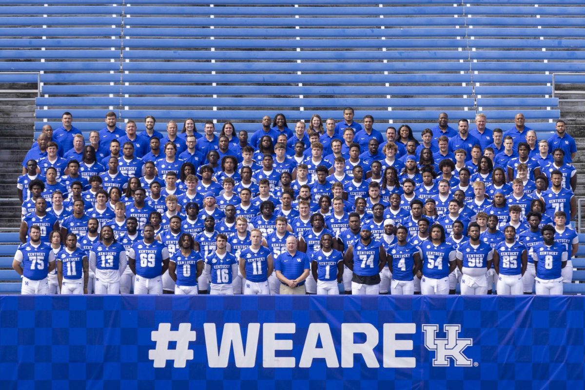 Kentucky football poses for the team photo during Kentucky Football’s media day on Friday, Aug. 2, 2024, at Kroger Field in Lexington, Kentucky. Photo by Matthew Mueller | Photo Editor