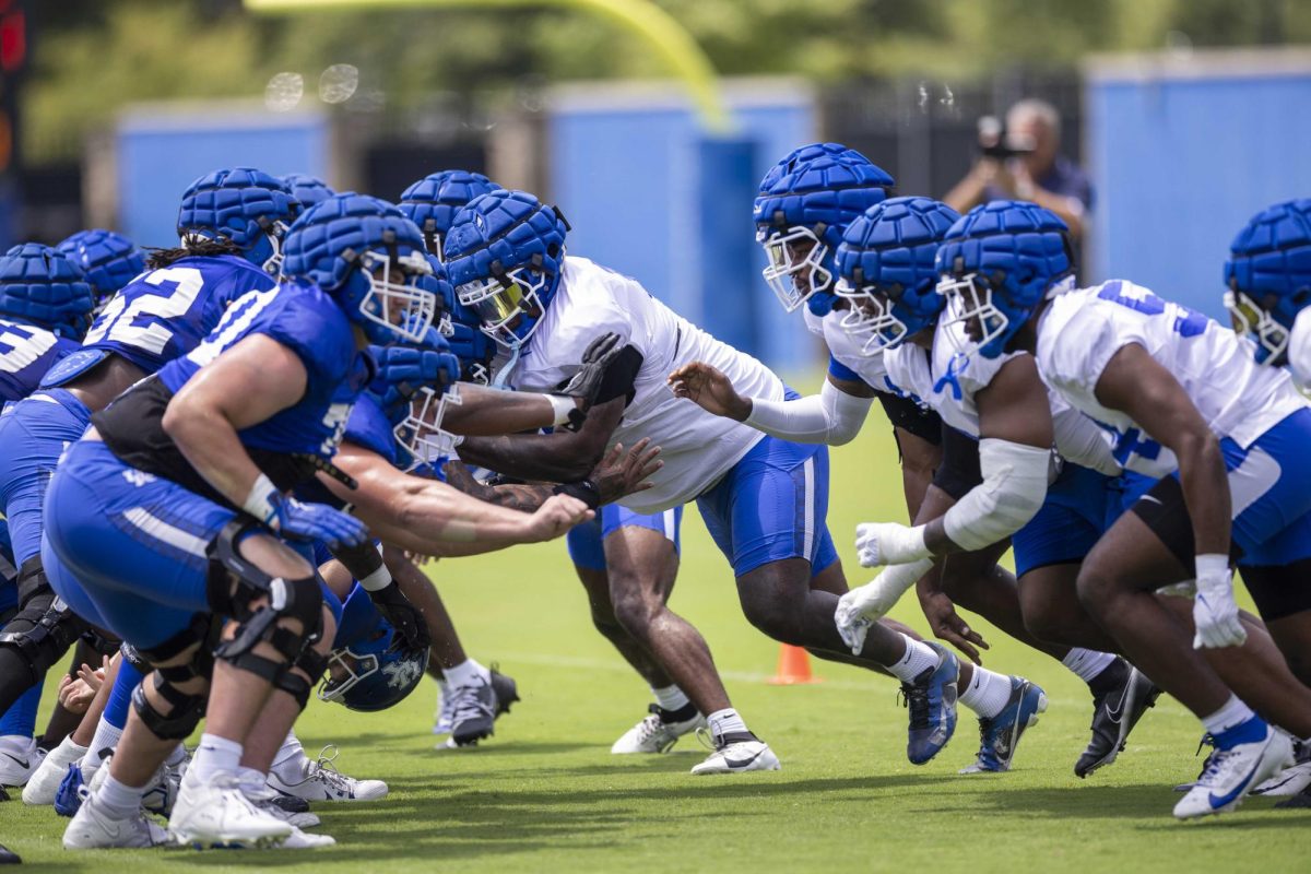 Kentucky football offensive and defensive teams scrimmage during Kentucky Football’s media day on Friday, Aug. 2, 2024, at Kroger Field in Lexington, Kentucky. Photo by Matthew Mueller | Photo Editor