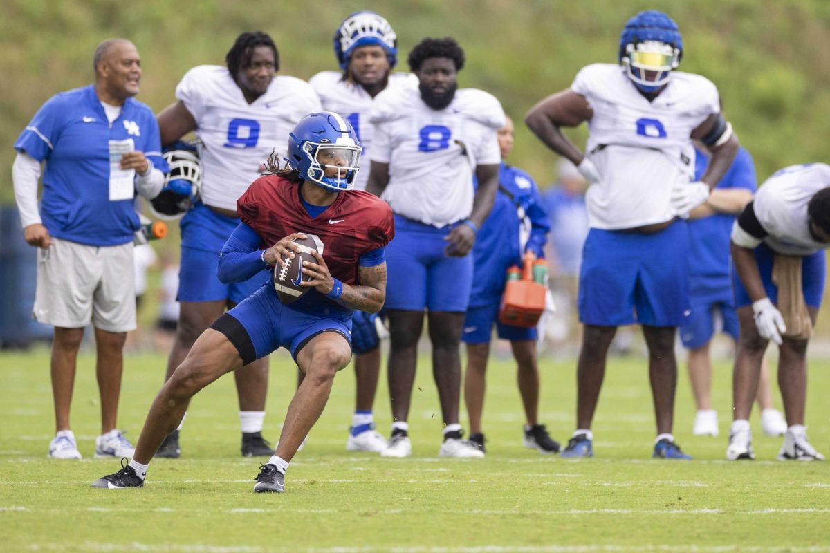 Quarterback Gavin Wimsatt looks for an open receiver during Kentucky Football’s media day on Saturday, Aug. 3, 2024, at Kroger Field in Lexington, Kentucky. Photo by Matthew Mueller | Photo Editor