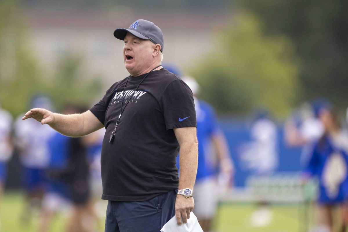 Head Coach Mark Stoops yells out instructions during Kentucky Football’s media day on Saturday, Aug. 3, 2024, at Kroger Field in Lexington, Kentucky. Photo by Matthew Mueller | Photo Editor