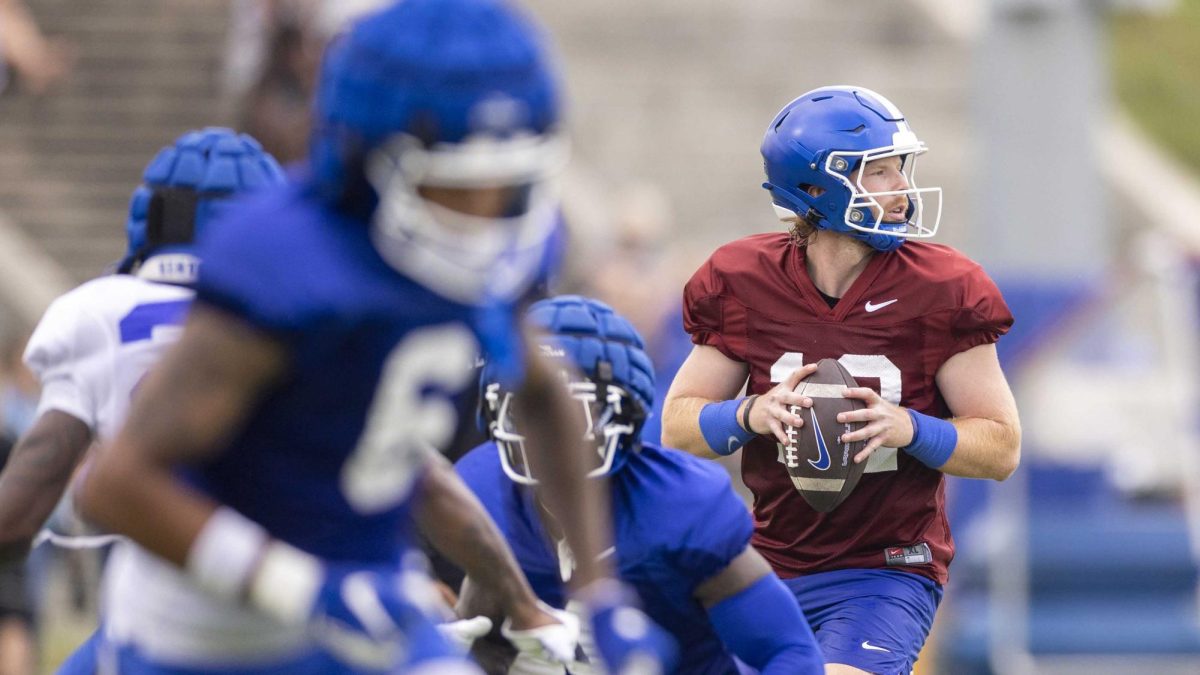 Quarterback Brock Vandagriff looks for an open receiver during Kentucky Football’s media day on Saturday, Aug. 3, 2024, at Kroger Field in Lexington, Kentucky. Photo by Matthew Mueller | Photo Editor