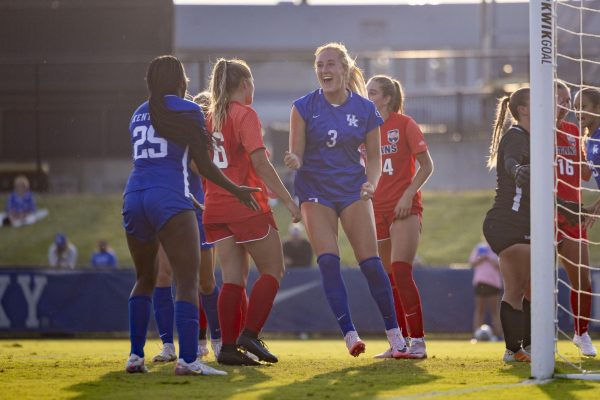 Kentucky Defense Michelle Moskau celebrates after scoring a goal on Thursday, Aug. 22, 2024, at Wendell and Vickie Bell Soccer Complex in Lexington, Kentucky. Photo by Matthew Mueller | Photo Editor.  Kentucky Defeated Detroit Mercy 2-0.  