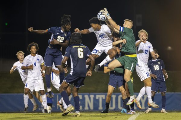 Kentucky Forward Isaiah Chisolm looks to head the ball into the goal after a corner kick on Thursday, Aug. 22, 2024, at Wendell and Vickie Bell Soccer Complex in Lexington, Kentucky. Photo by Matthew Mueller | Photo Editor.  Kentucky defeated Oral Roberts 3-2.  